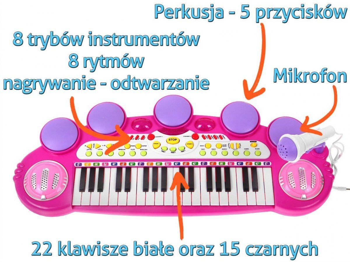 zestaw muzyczny Keyboard Werble Mikrofon + Światła + Dźwięki 3 oktawy