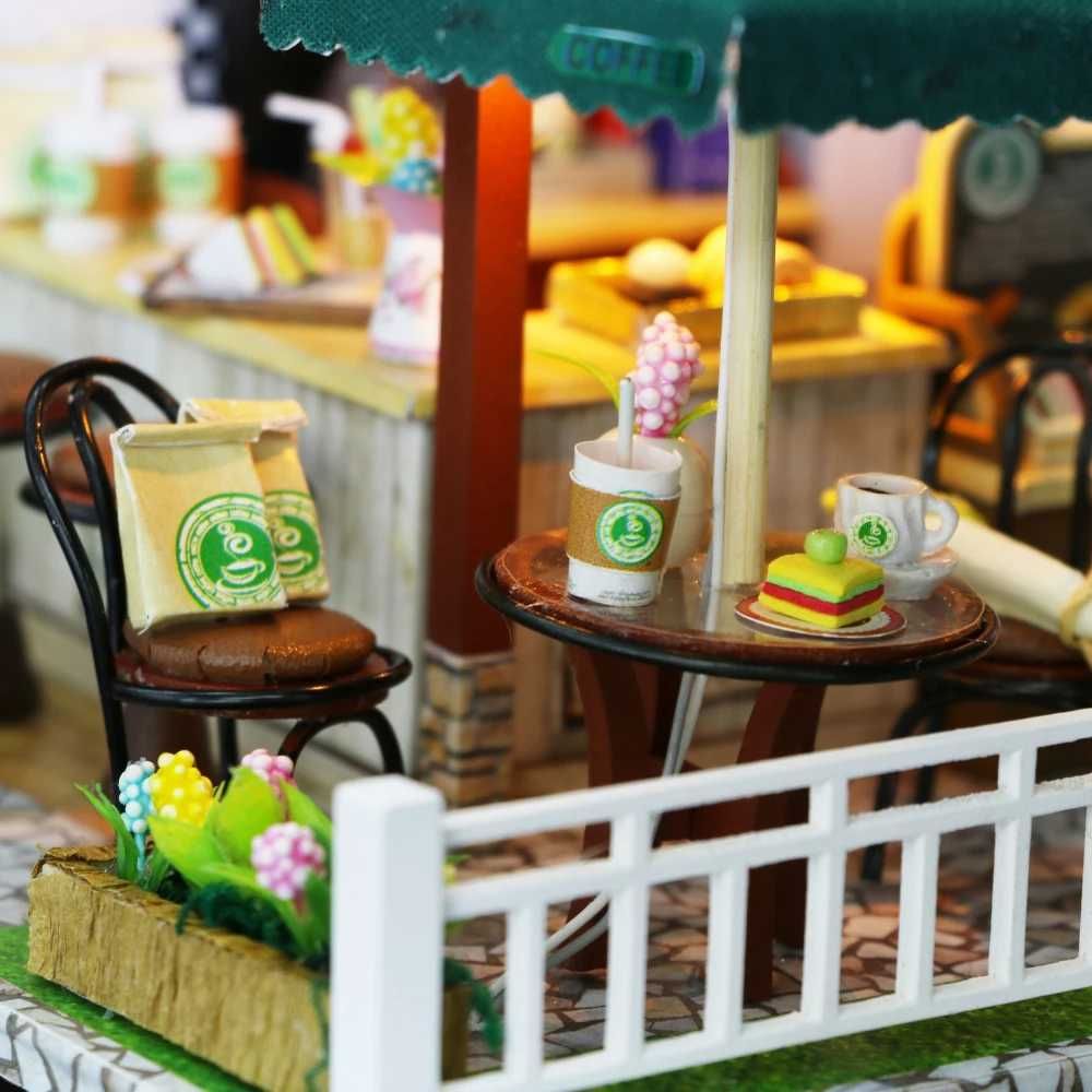 Miniaturowa kawiarenka dla lalek, 3D puzzle drewniane DIY LED