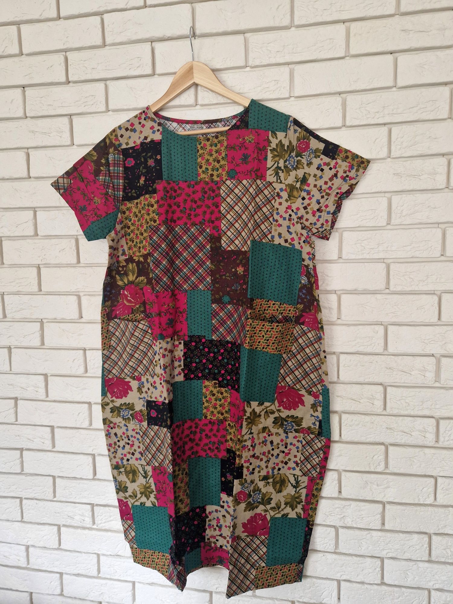 Lniana sukienka patchworkowa z kieszeniami 42 XL 100% len plus size