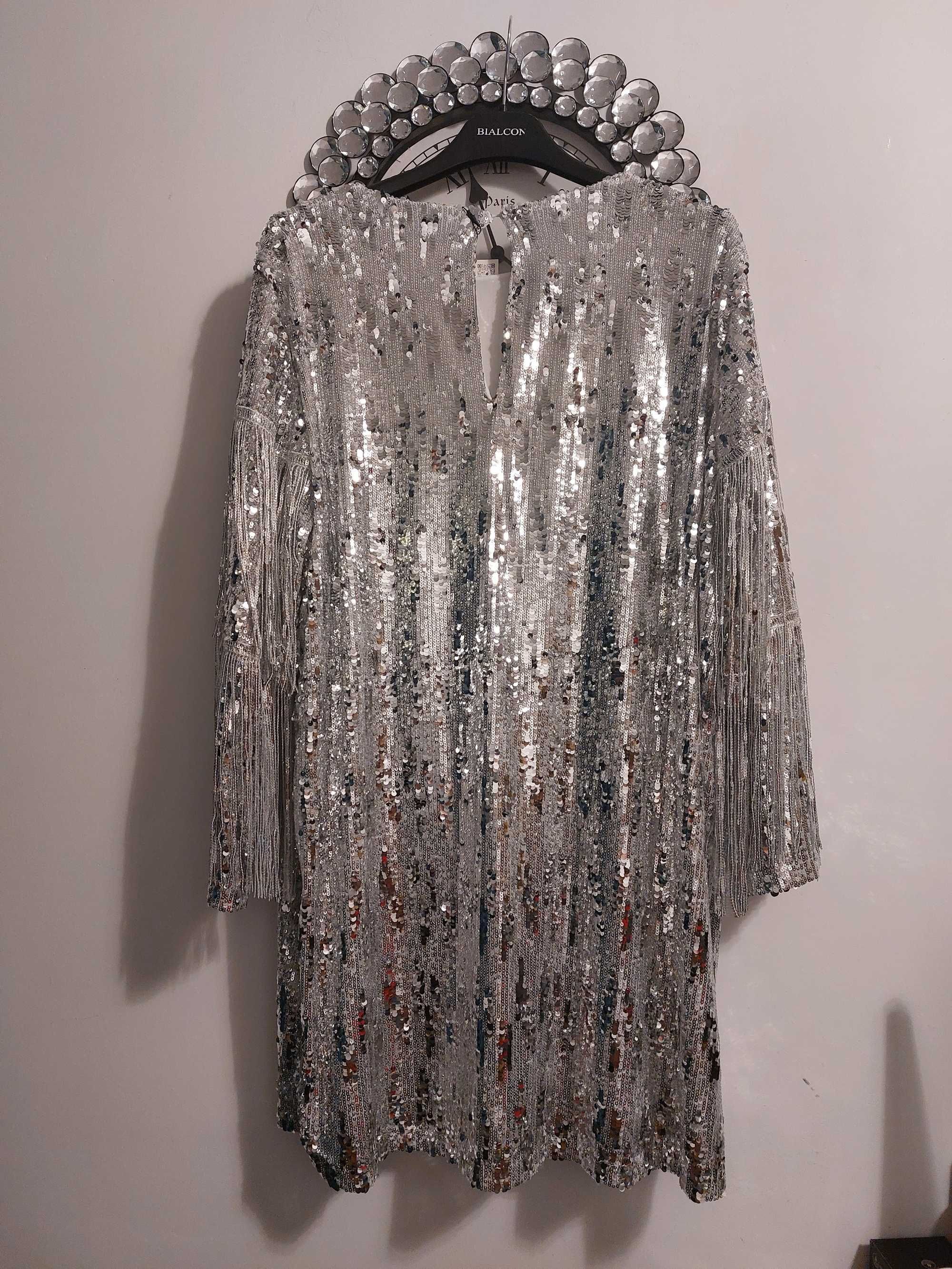 Nowa cekinowa srebrna sukienka Zara w rozmiarze XL