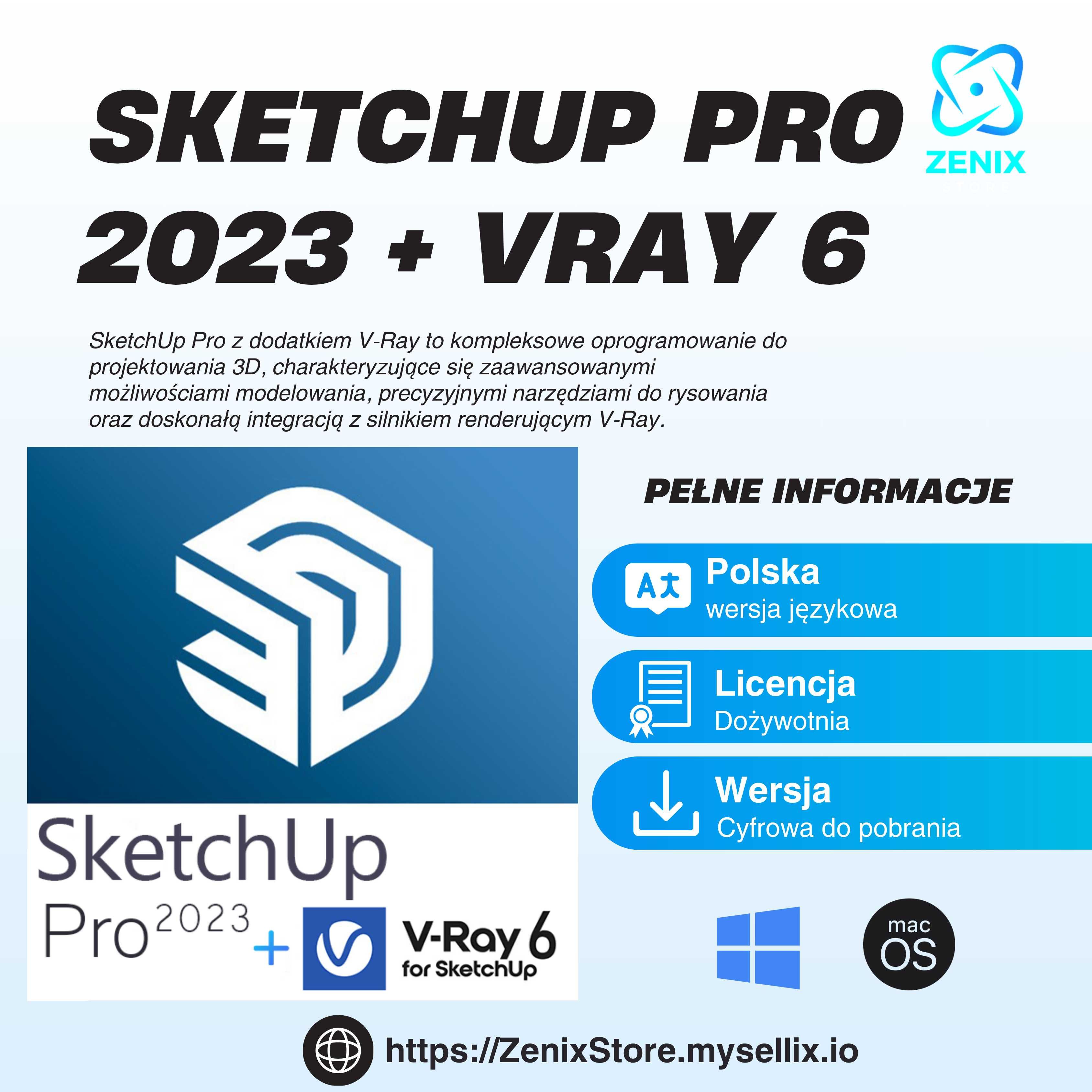 SketchUP Pro 2023 + Vray 6 * Licencja Dożywotnia *  Windows / MacOS