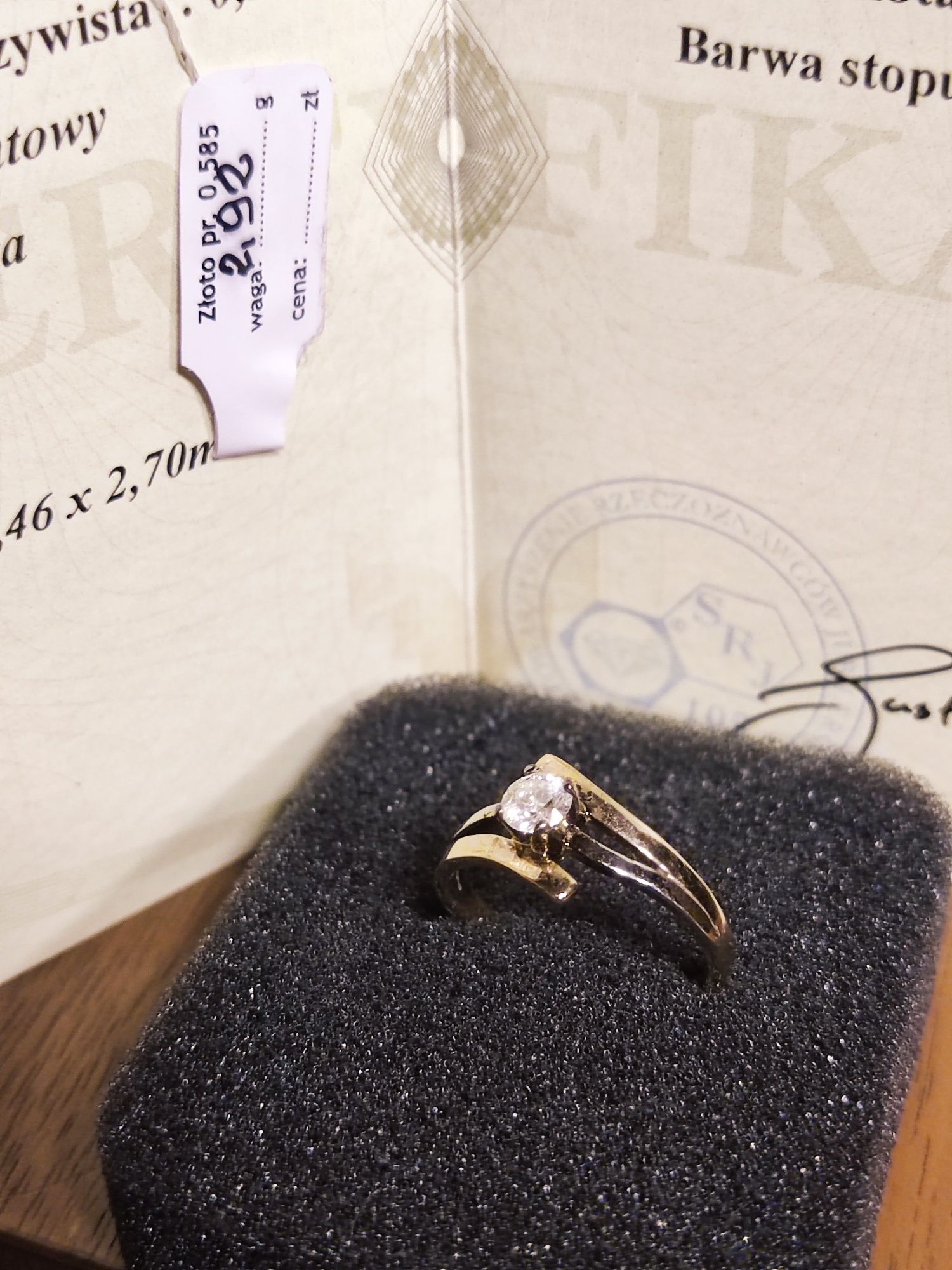 Piękny złoty pierścionek z diamentem 0,33ct złoto 0,585 2,92g 14k CER