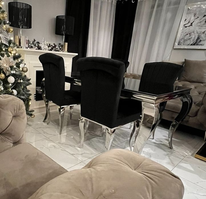 Stół elegancki czarno srebrny zestaw mebli stół i krzesła komplet