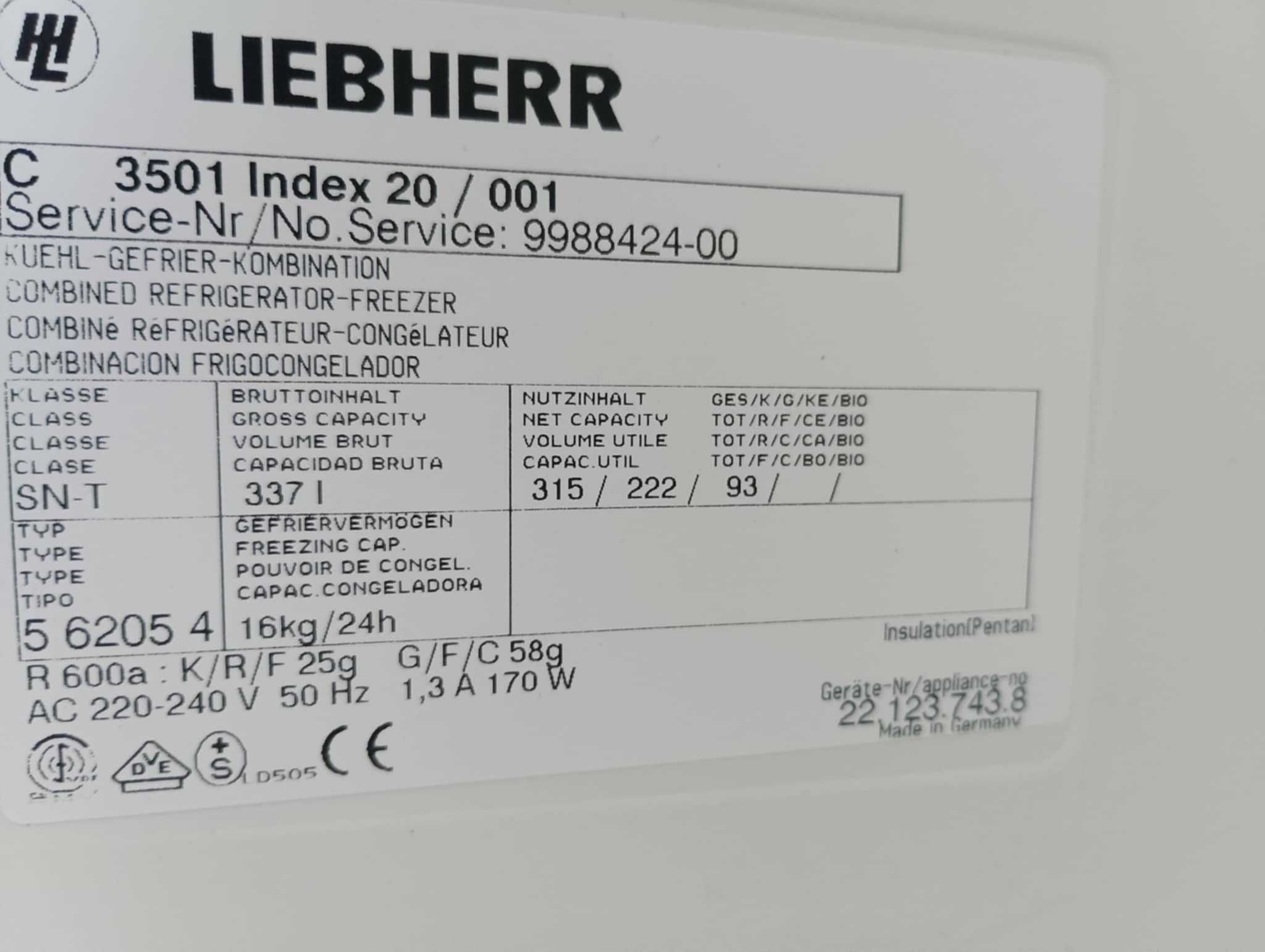 LIEBHERR lodówko-zamrażarka - 337 l.