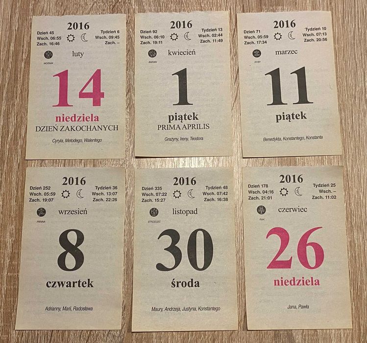 Oryginalna kartka z kalendarza zrywaka 2016 r. Prezent Rocznica