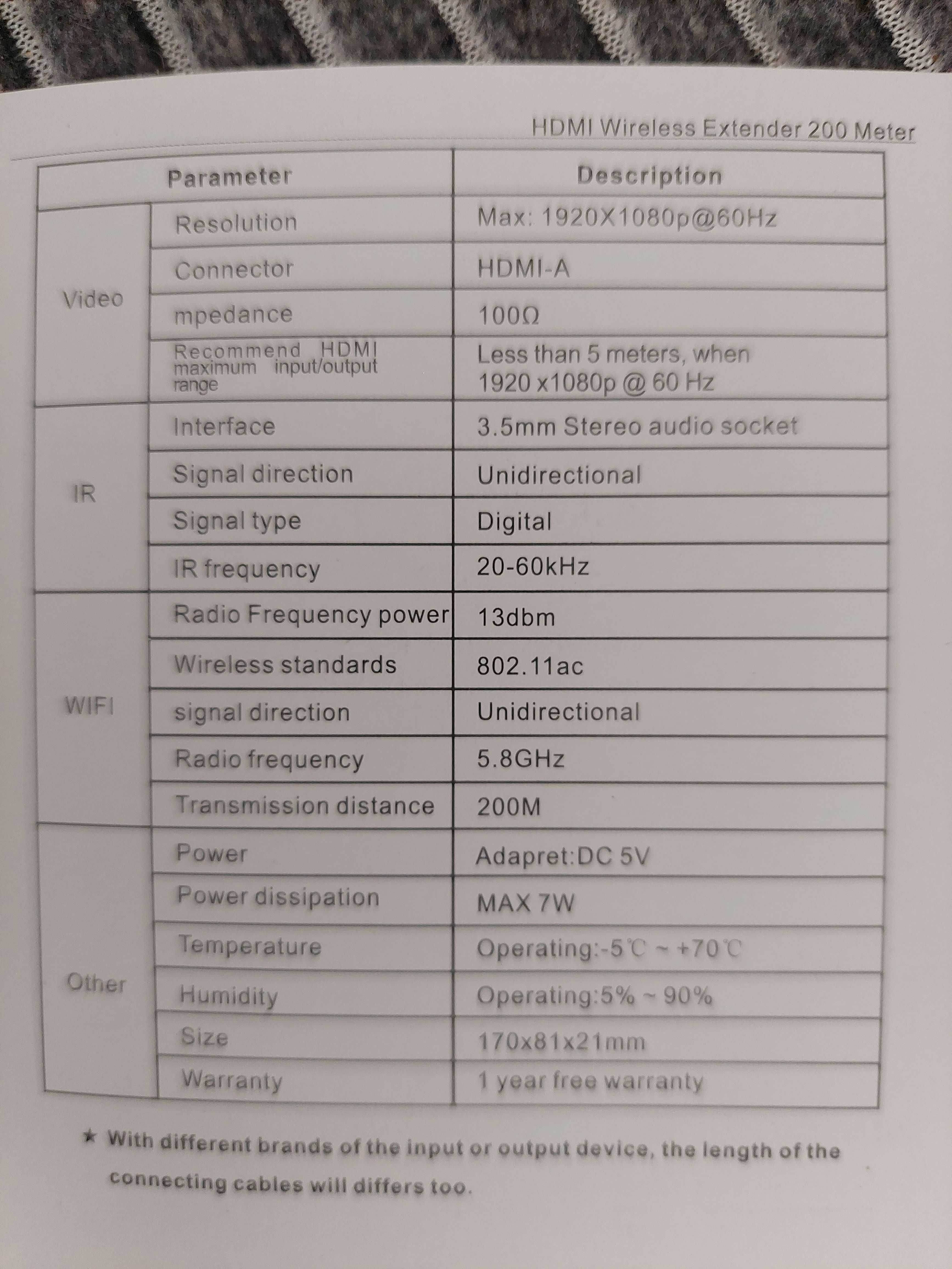 Bezprzewodowy EXTENDER HDMI WiFi 1080p60Hz 200m IR