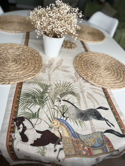 Lniany bieżnik slonie konie motyw zwierzecxy premium len linen palmy