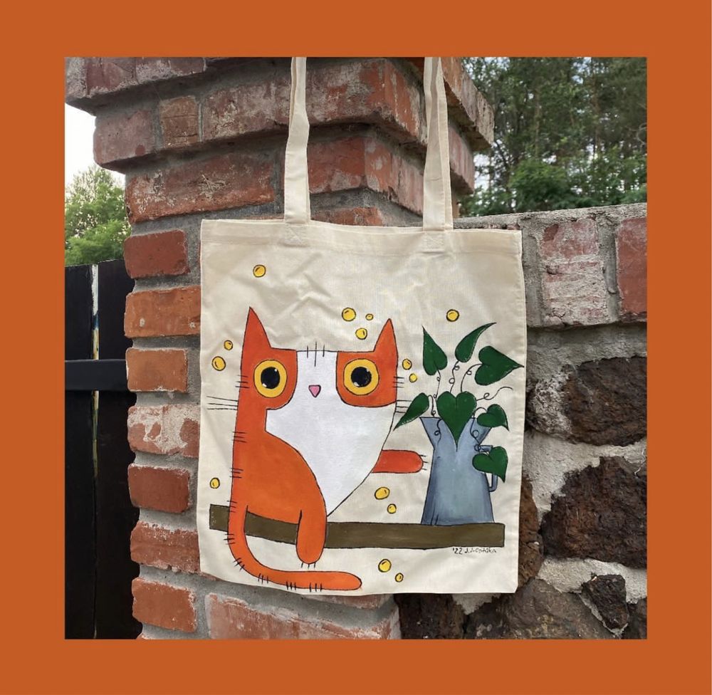 Beżowa torba ręcznie malowana Pinterest rudy kot kwiat wazon