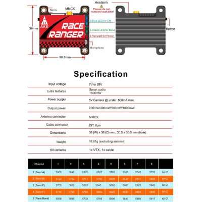 Відеопередавач (VTX) AKK Race Ranger 1.6W 5.8GHz 48CH L,X Band