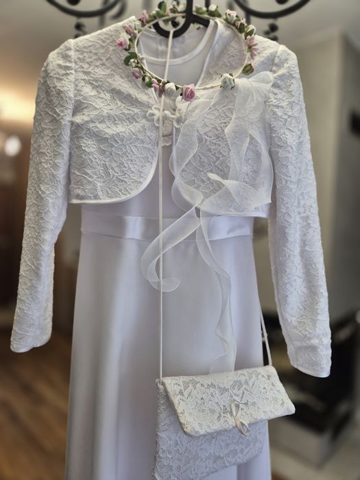 Zestaw sukienka komunijna bolerko wianek torebka komunijne