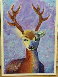 Obraz ręcznie malowany młody jeleń 70x50 cm płótno
