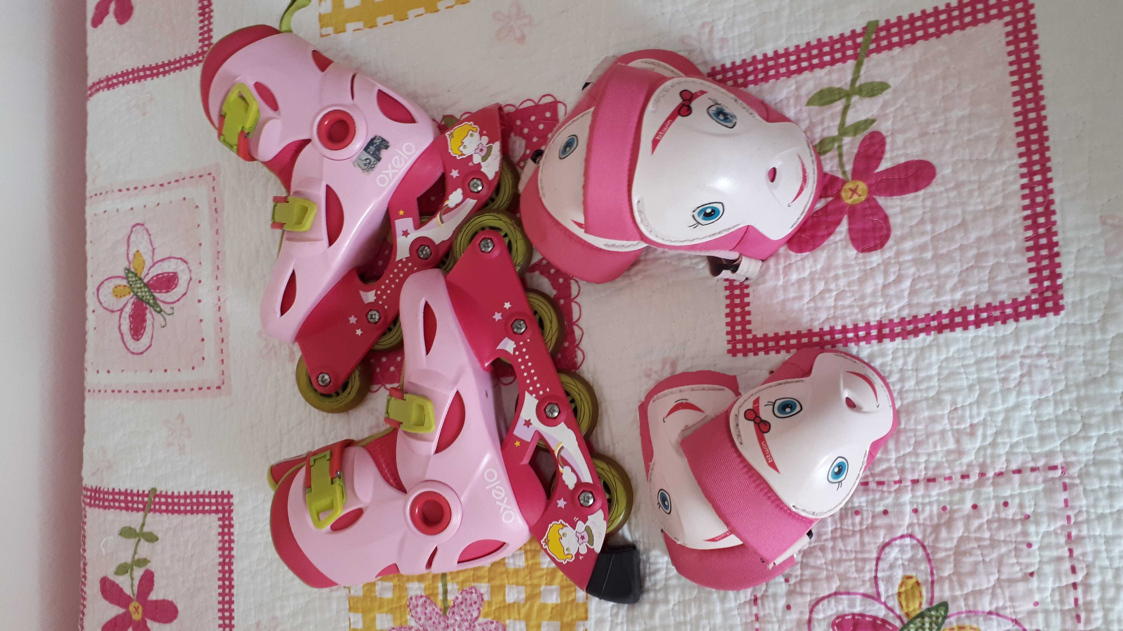 Patins em linha Rosa tamanho 28 ao 30 com joelheiras e caneleiras