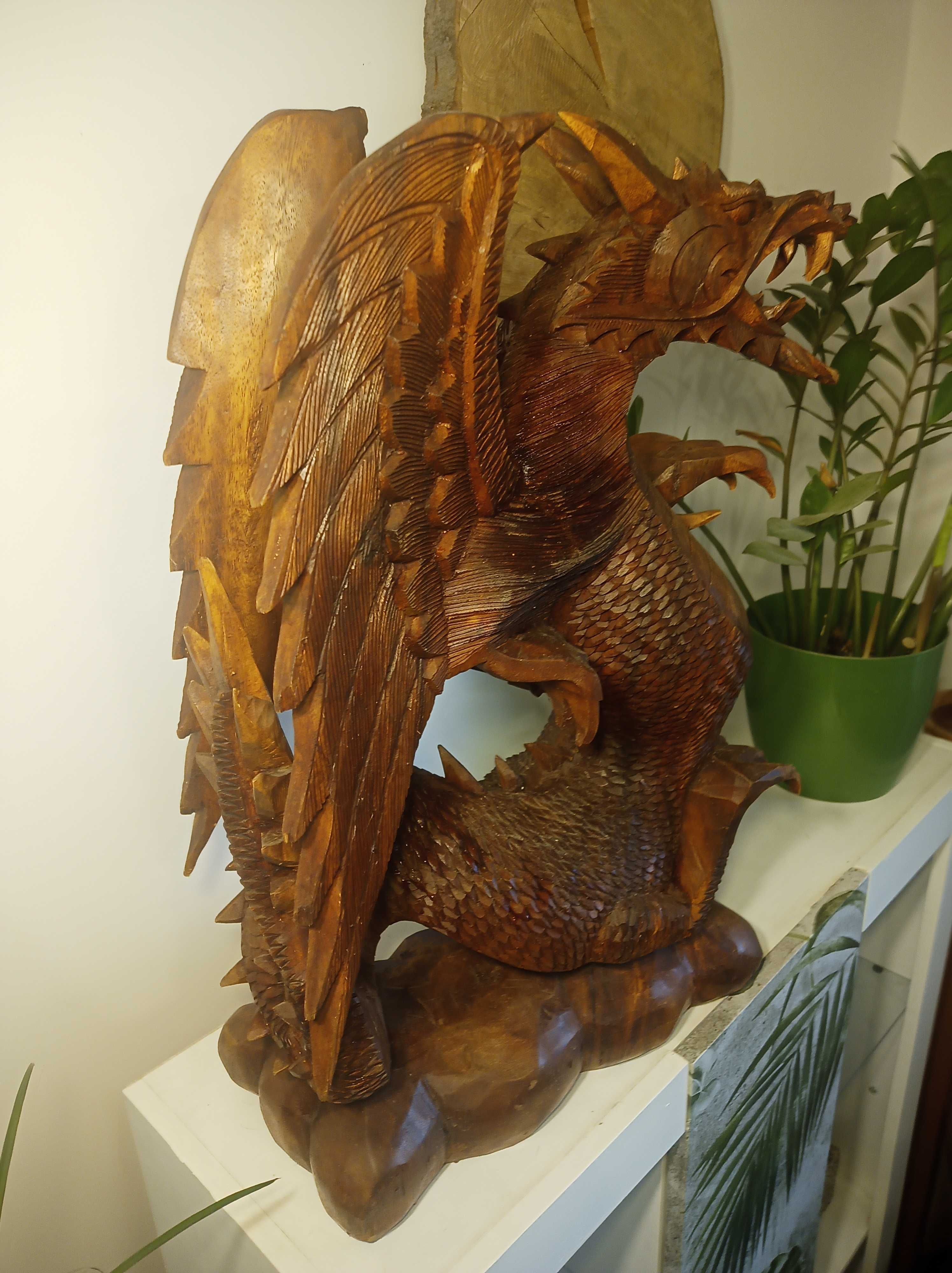 Wielki drewniany Smok, rzeźba rękodzieło 63 x 40cm Figura Smoka XXL