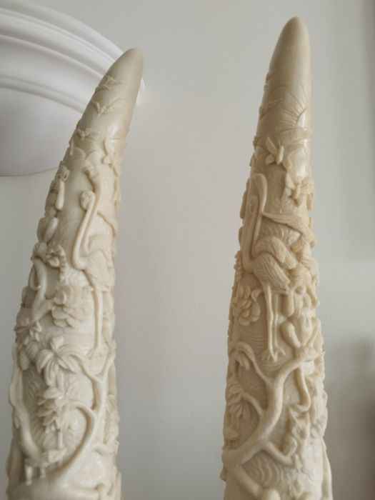 Dentes de elefante (imitação) em marfinite em base de madeira