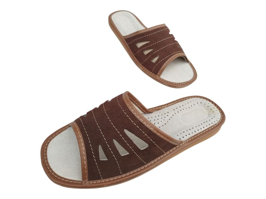 Kapcie męskie skóra naturalna brązowe odkryte palce otwarte