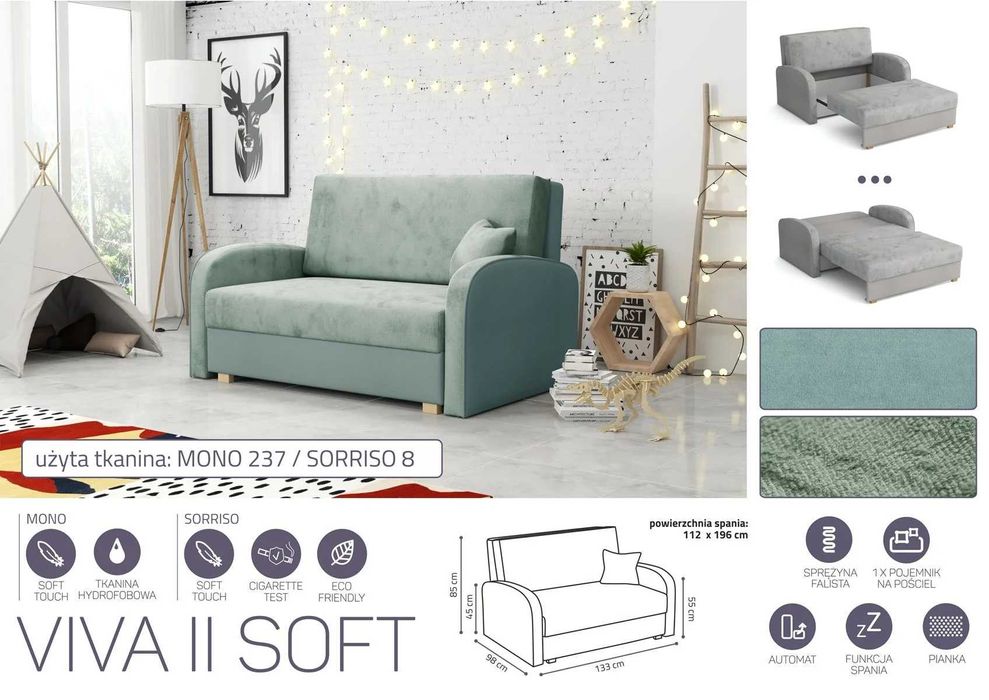 Sofa rozkładana dwuosobowa z funkcją spania, fotel