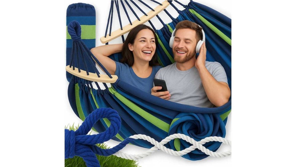 HAMAK OGRODOWY DWUOSOBOWY XXL 260x150 2 osobowy turystyczny z drążkiem