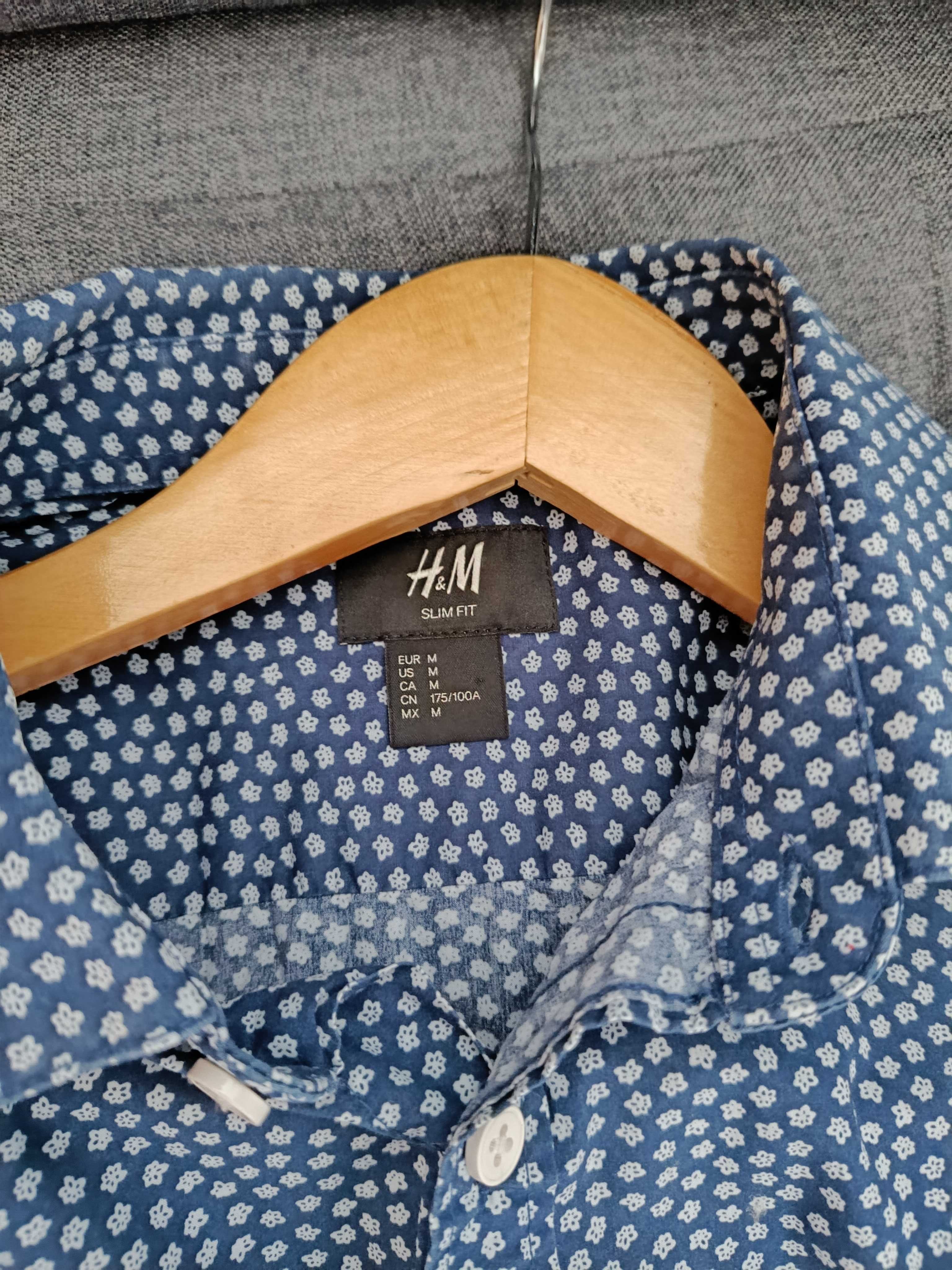 Granatowa koszula męska w białe kwiatuszki H&M slim fit M