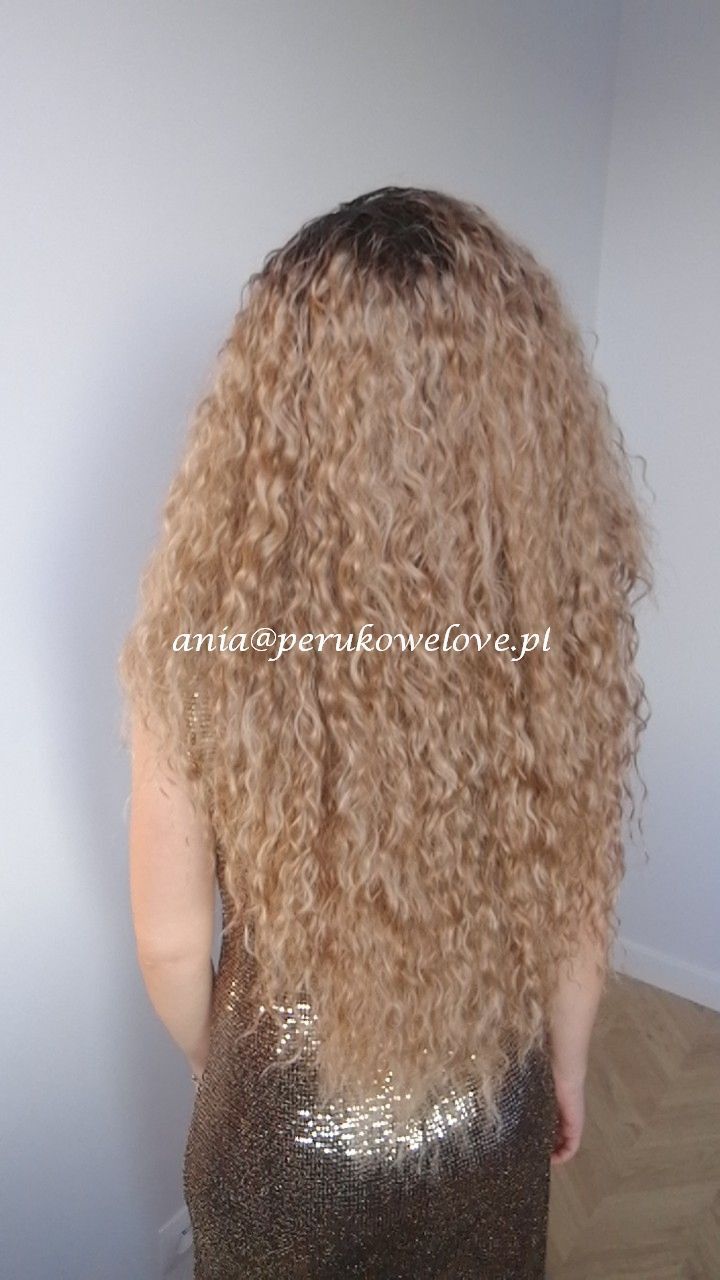 Peruka karmelowy blond lace front z odrostem afro loki kręcone włosy