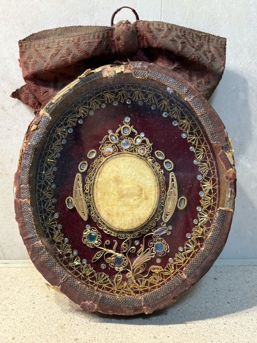 Magnífico antigo registo com placa de Agnus Dei em cera - Sec XIX
