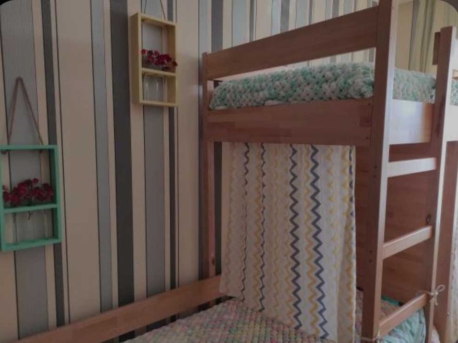 Двоярусне ліжко бук з шафою, шухлядою, дерев'яне дитяче ліжко, матрац