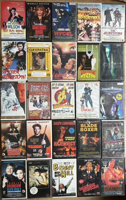 Zestaw kaset VHS, różne gatunki filmowe (7-12).