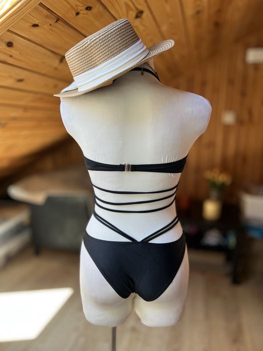 Nowy Strój kąpielowy czarny bikini dwuczęściowe paski M 38 złota