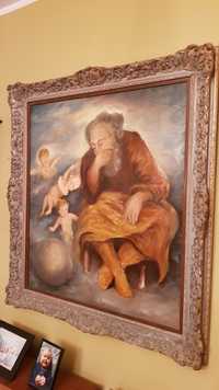 XIX w Piękny Obraz Boga z Aniołami Patrzącego z Nieba na  Kulę Ziemską
