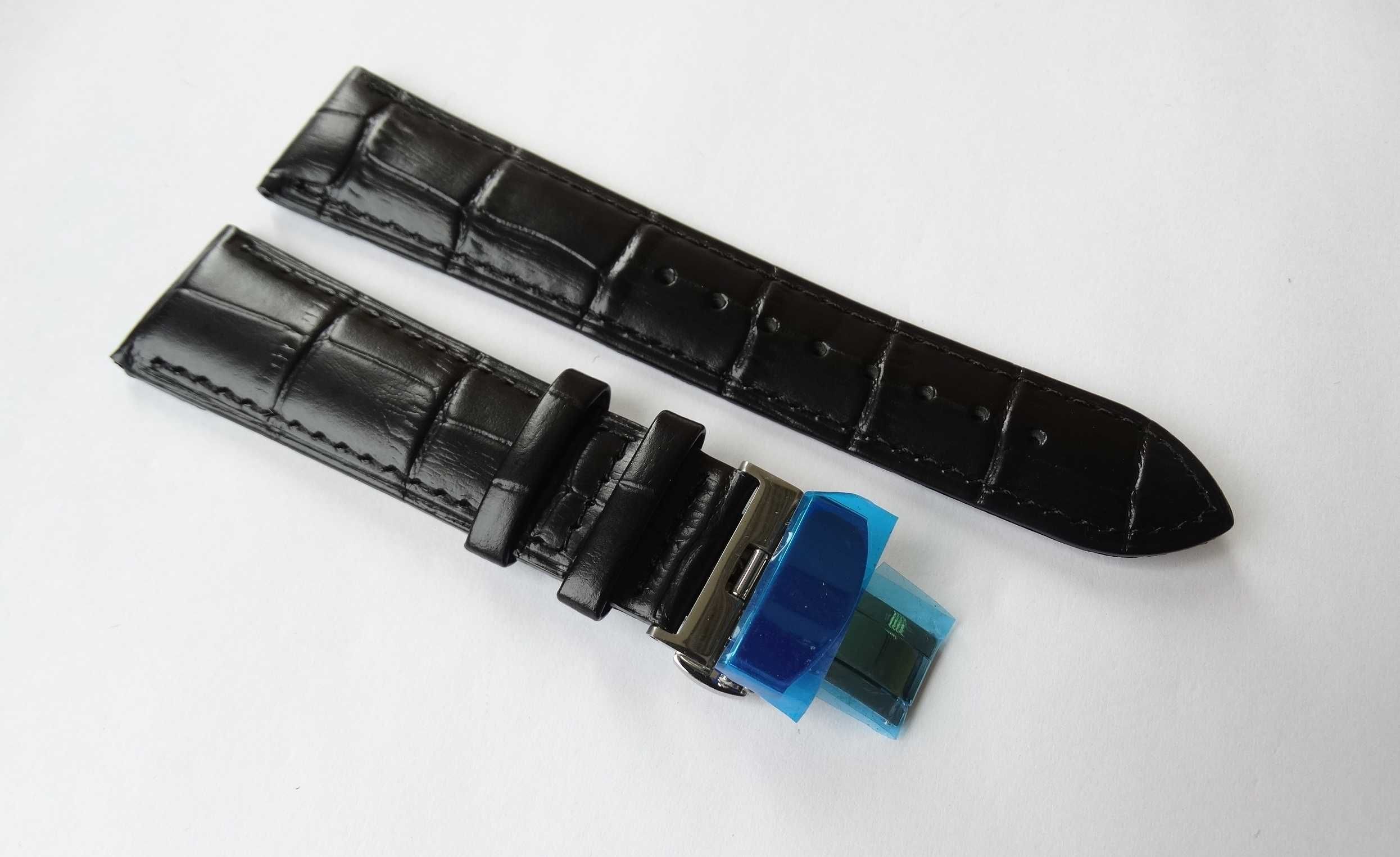 Pasek skórzany do zegarka czarny kroko 20mm 22mm klamra motylkowa