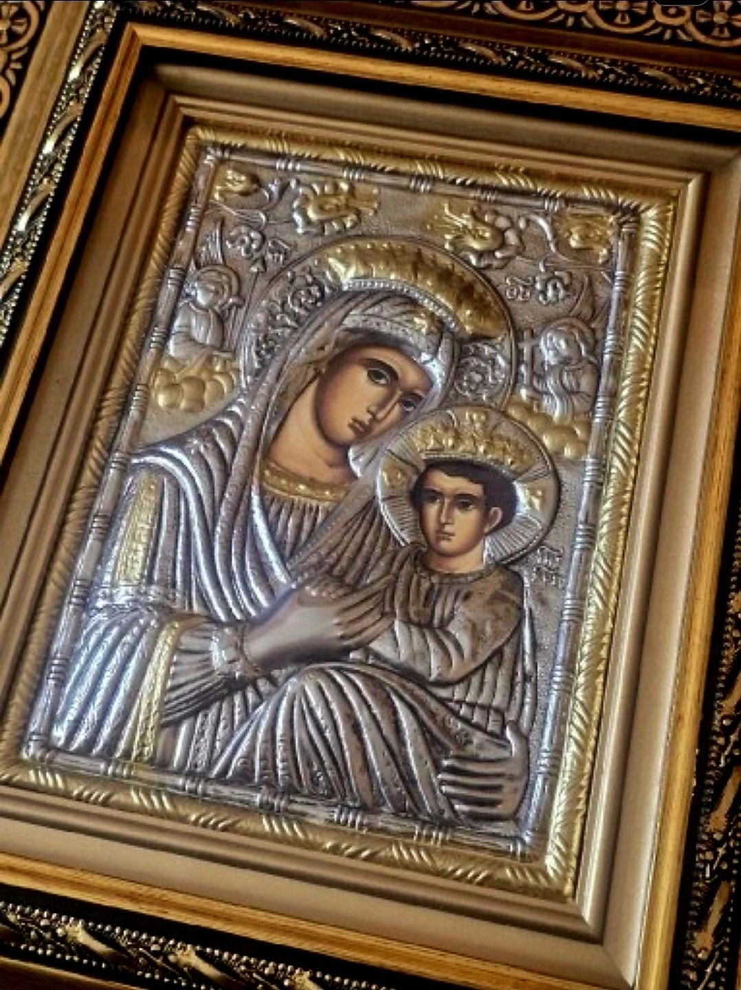 Ikona w kiocie GRECKA na desce Matka Boska z Dzieciątkiem Jezus.