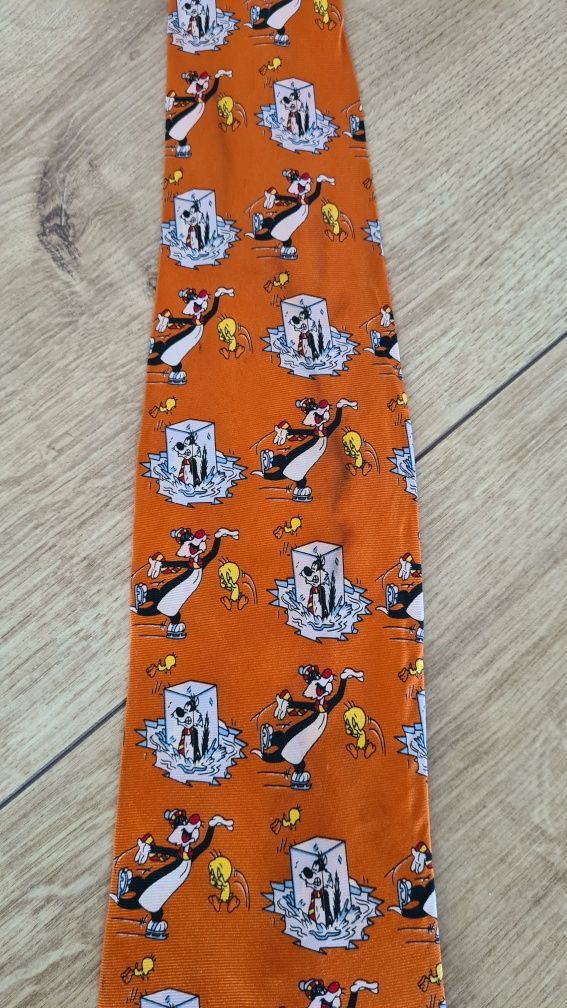 Krawat Looney Tunes 100% Silk Jedwab. Vintage 1996 rok. Kot Sylwester