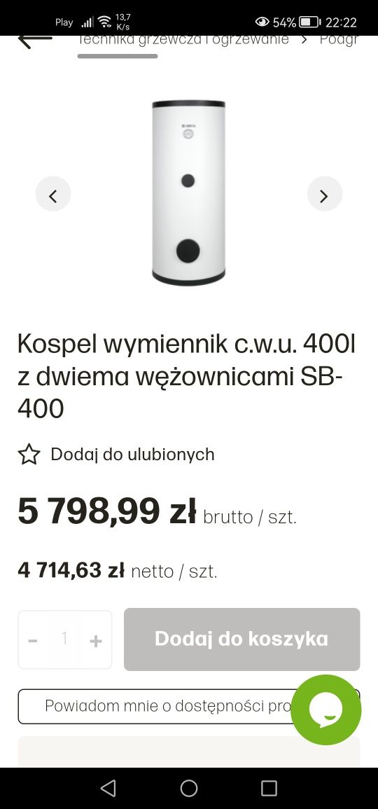 Kospel wymiennik c.w.u. 400l z dwiema wężownicami SB-400