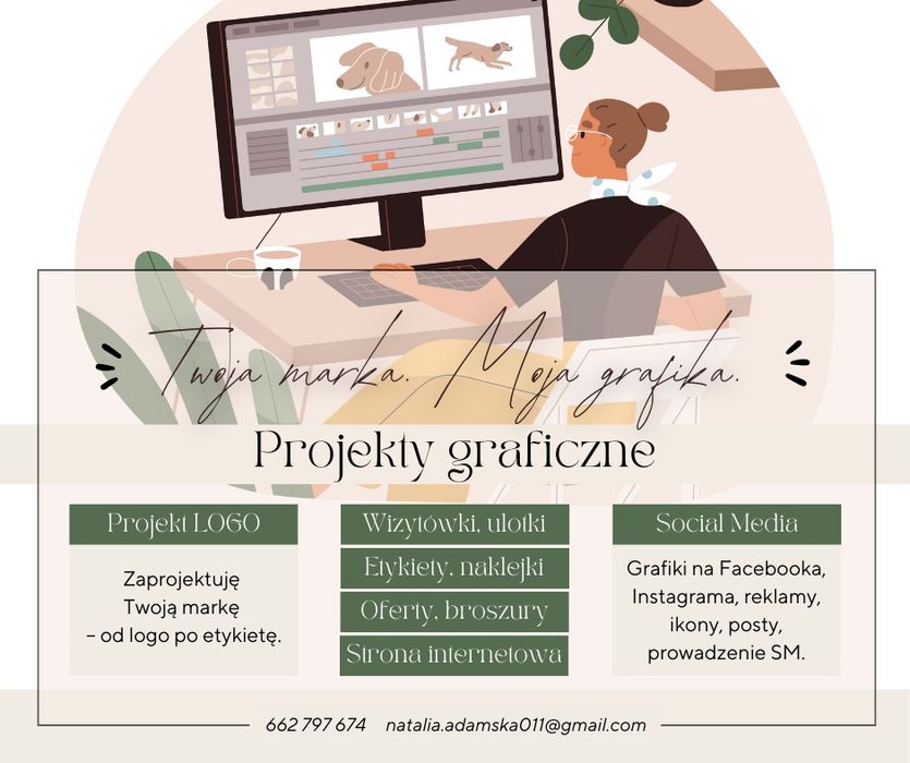 Projekt graficzny wizytówki ulotki logo broszury etykiety plakaty