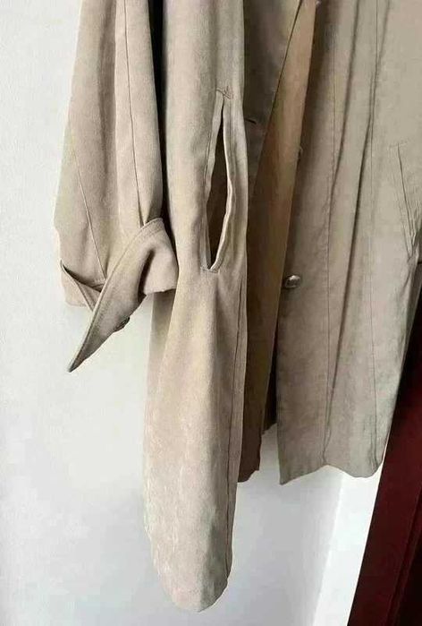 Klasyczny długi beżowy płaszcz trencz damski vintage M 38