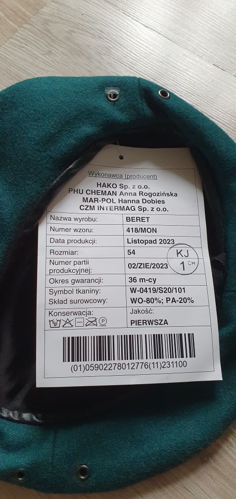Beret zielony wzór 418/MON r. 54