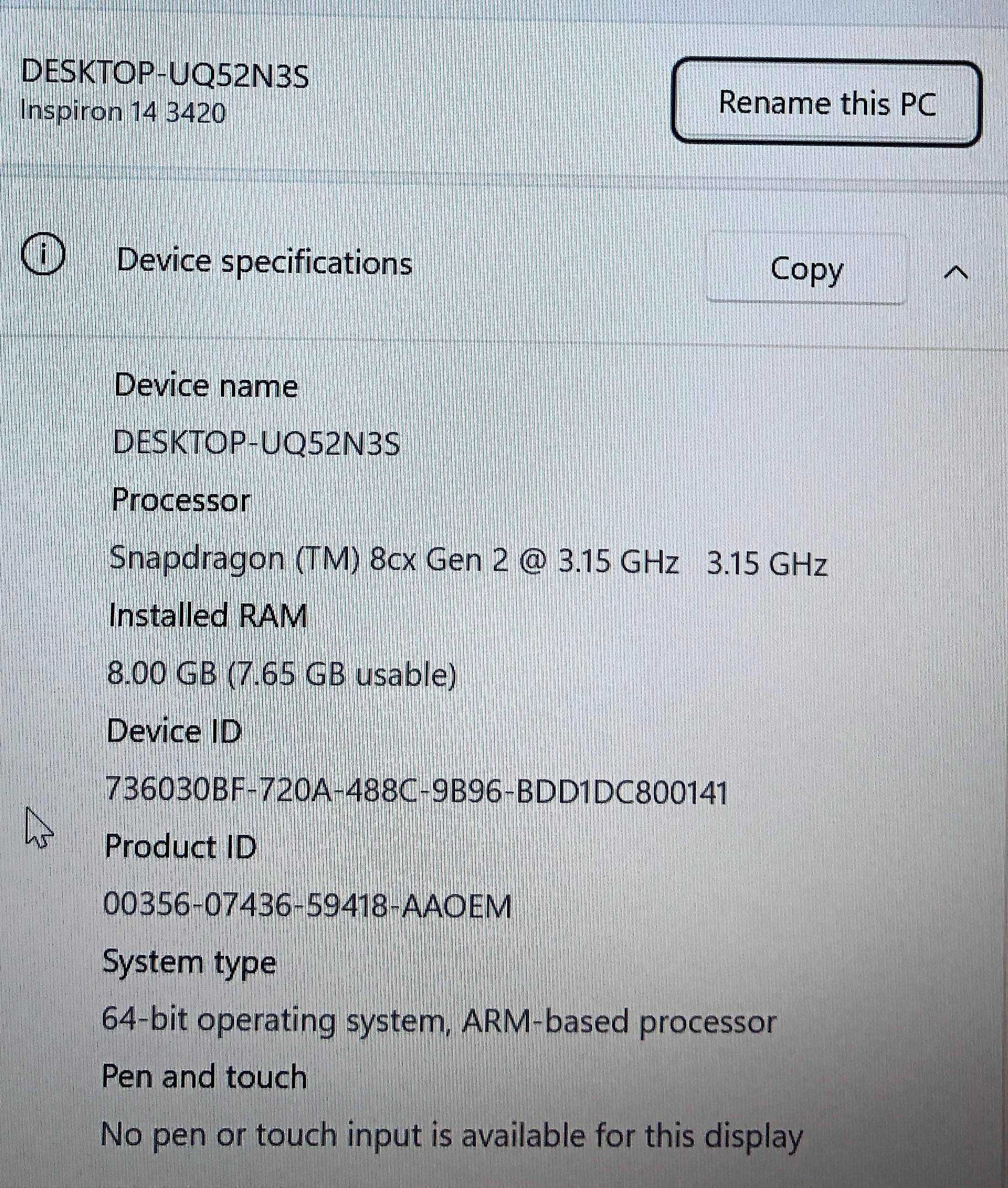 Ультрабук Dell Inspiron 14 3420, Snapdragon 8cx g3, 8/256, пассив. охл