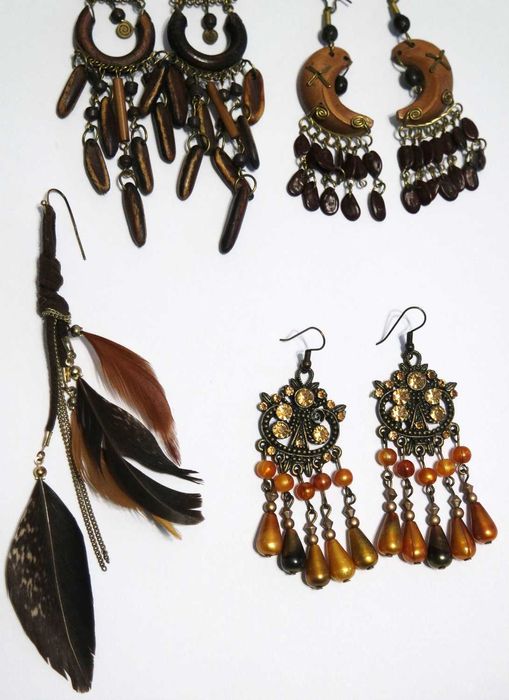 Zestaw kolczyków boho hippie vintage retro drewno pióra