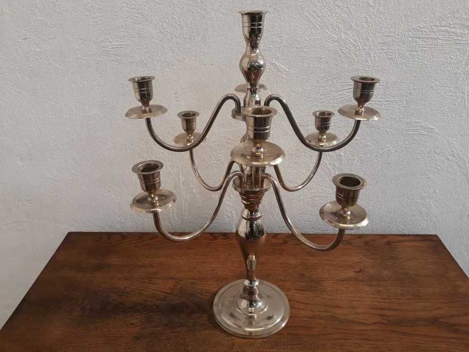 Świecznik kandelabr mosiężny chromowany srebrny, 9 ramienny