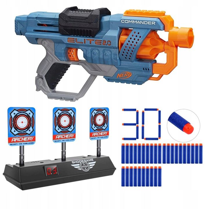 Pistolet Nerf Elite Commander Elektroniczna Tarcza Dodatkowe Strzałki