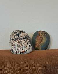 malowane sowy na kamieniu - dwie sztuki