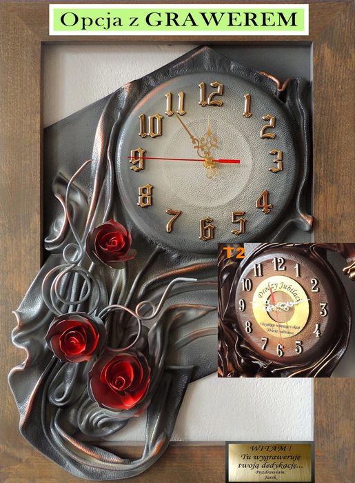Stylowy zegar szara kolorystyka, czerwone róże, drewniana rama GRAWER