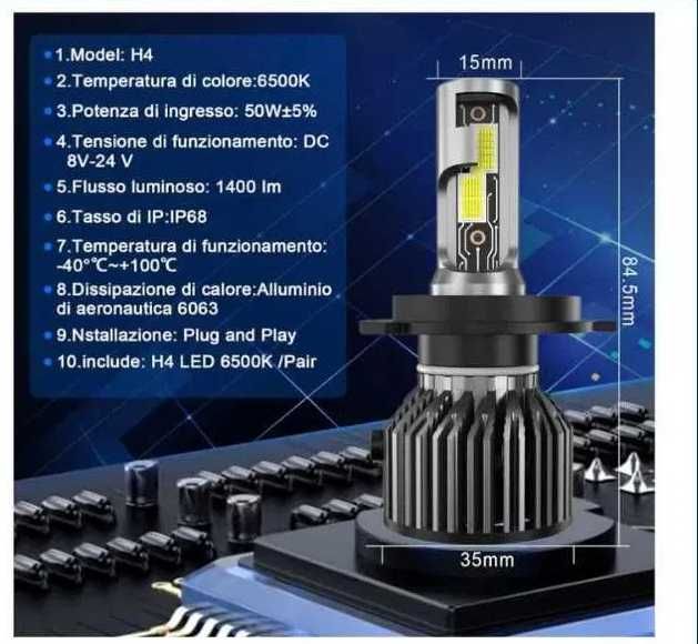 H4 LED 12000LM, 2x żarówka samochodowa LED 6500K, 12V, 50W