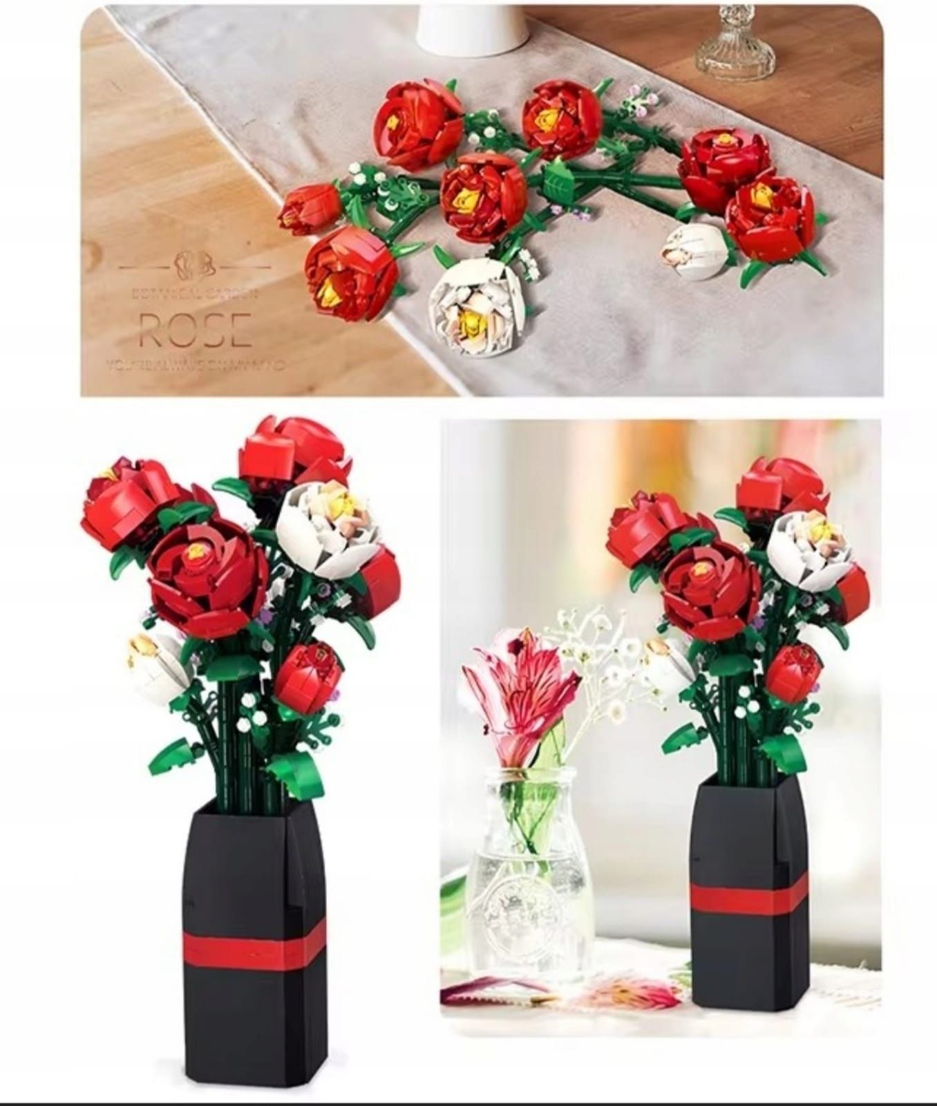 Klocki Botanicals duży bukiet róż czerwone białe róże jak Lego nowe