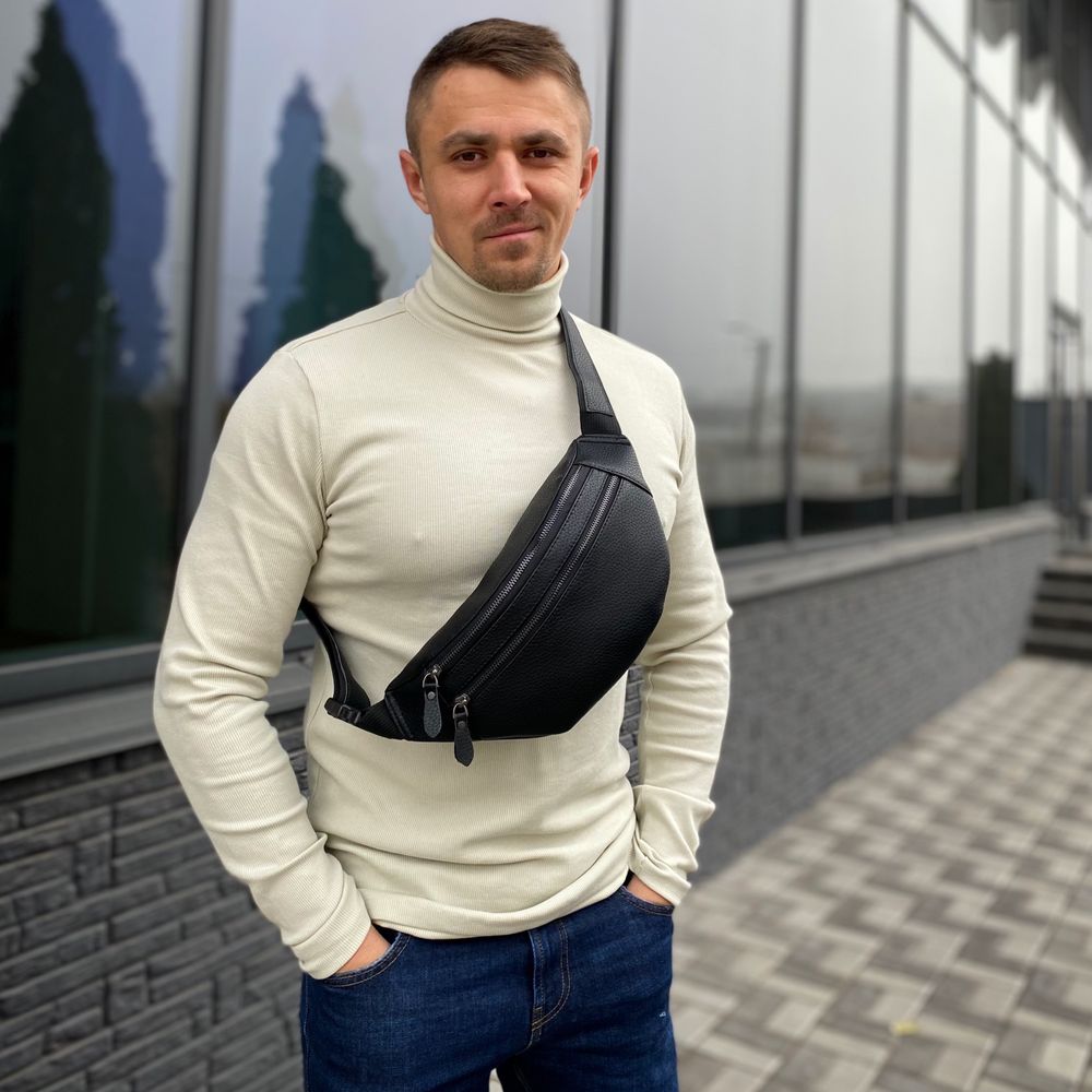 Сумка бананка чоловіча чорна нагрудна поясна сумка PU шкіра