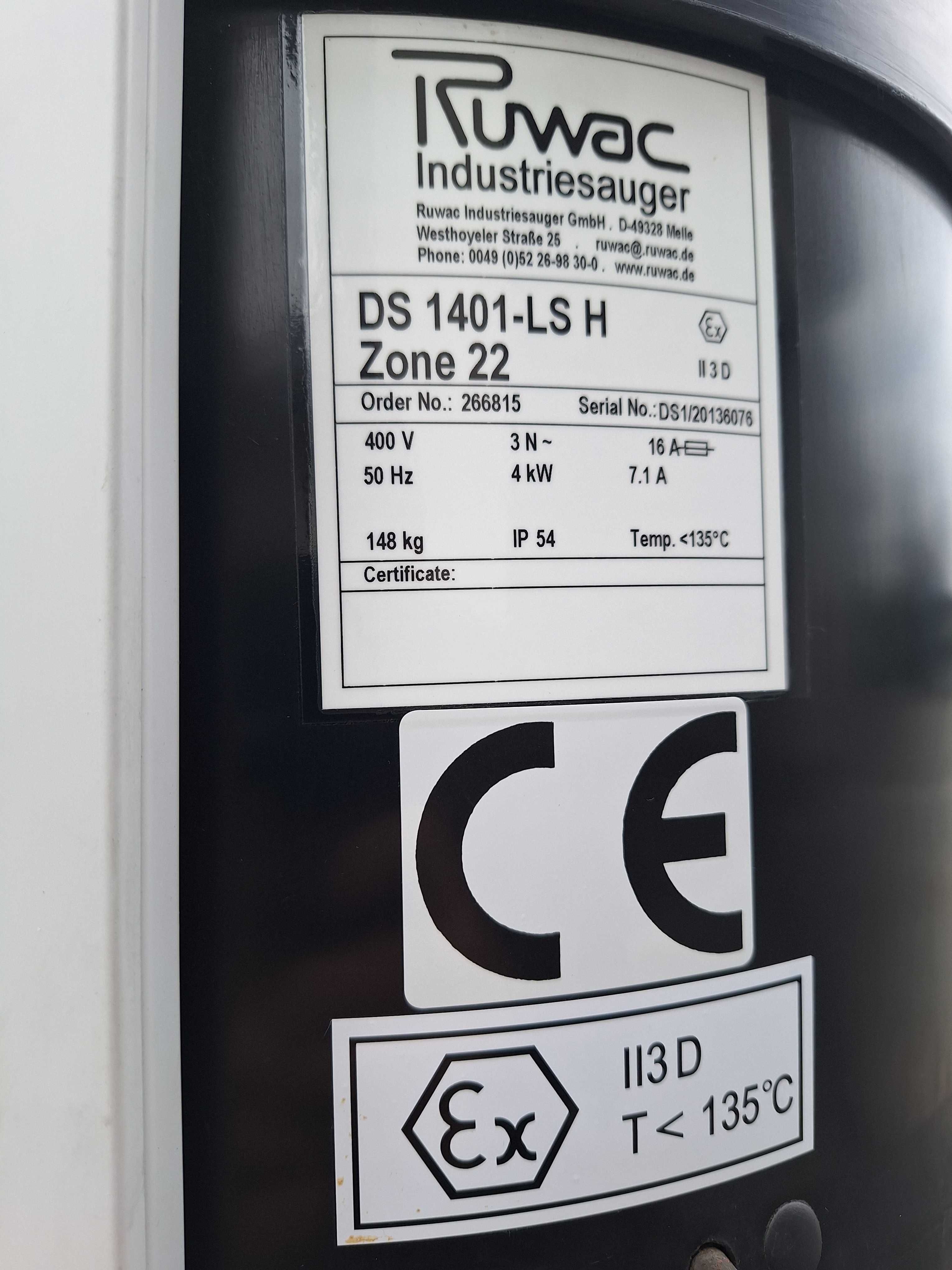 Odkurzacz Materiałów Łatwopalnych Pyłów Przemysłowy Ruwac Ex Atex
