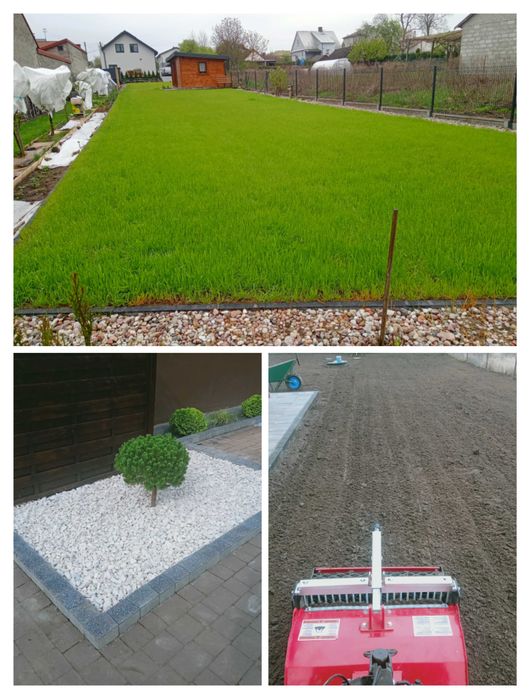 Prace ogrodowe, glebogryzarka separacyjna, równanie terenu, trawniki