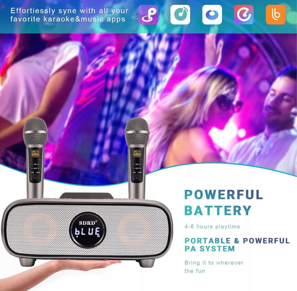 Maszyna karaoke przenośna, Bluetooth, mikrofony