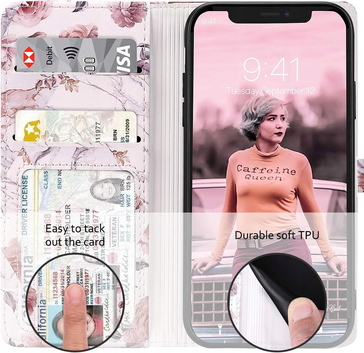 Dracool Etui Portfelowe do iPhone 12 mini Złoto-Różowy Marmur na Karty