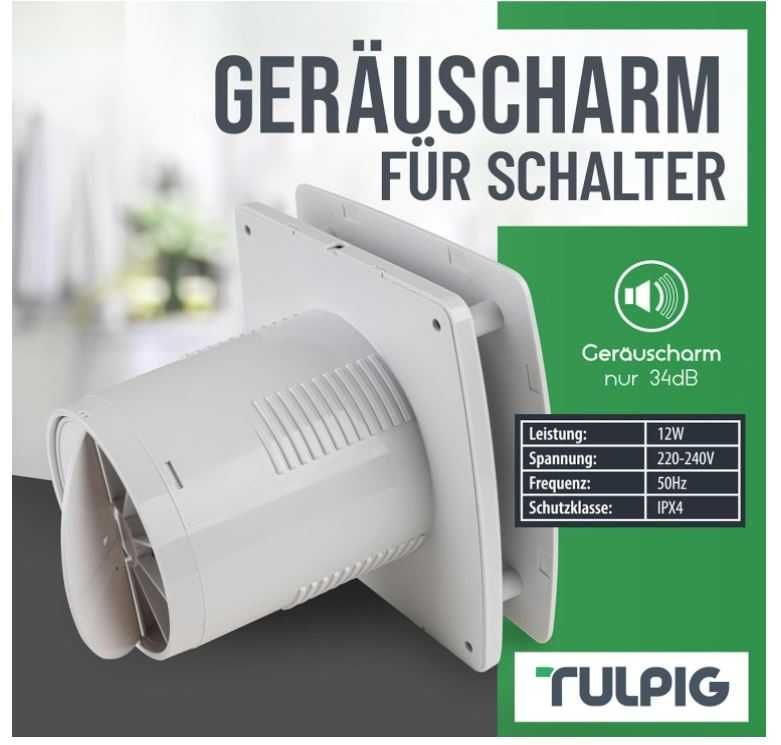 Wentylator łazienkowy z czujnikiem wilgotności i timerem 100 mm TULPIG