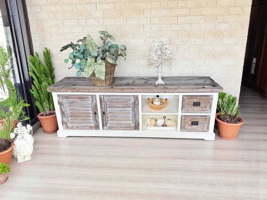 komoda rtv długa drewniana shuttersy szara farmhouse biała country 180